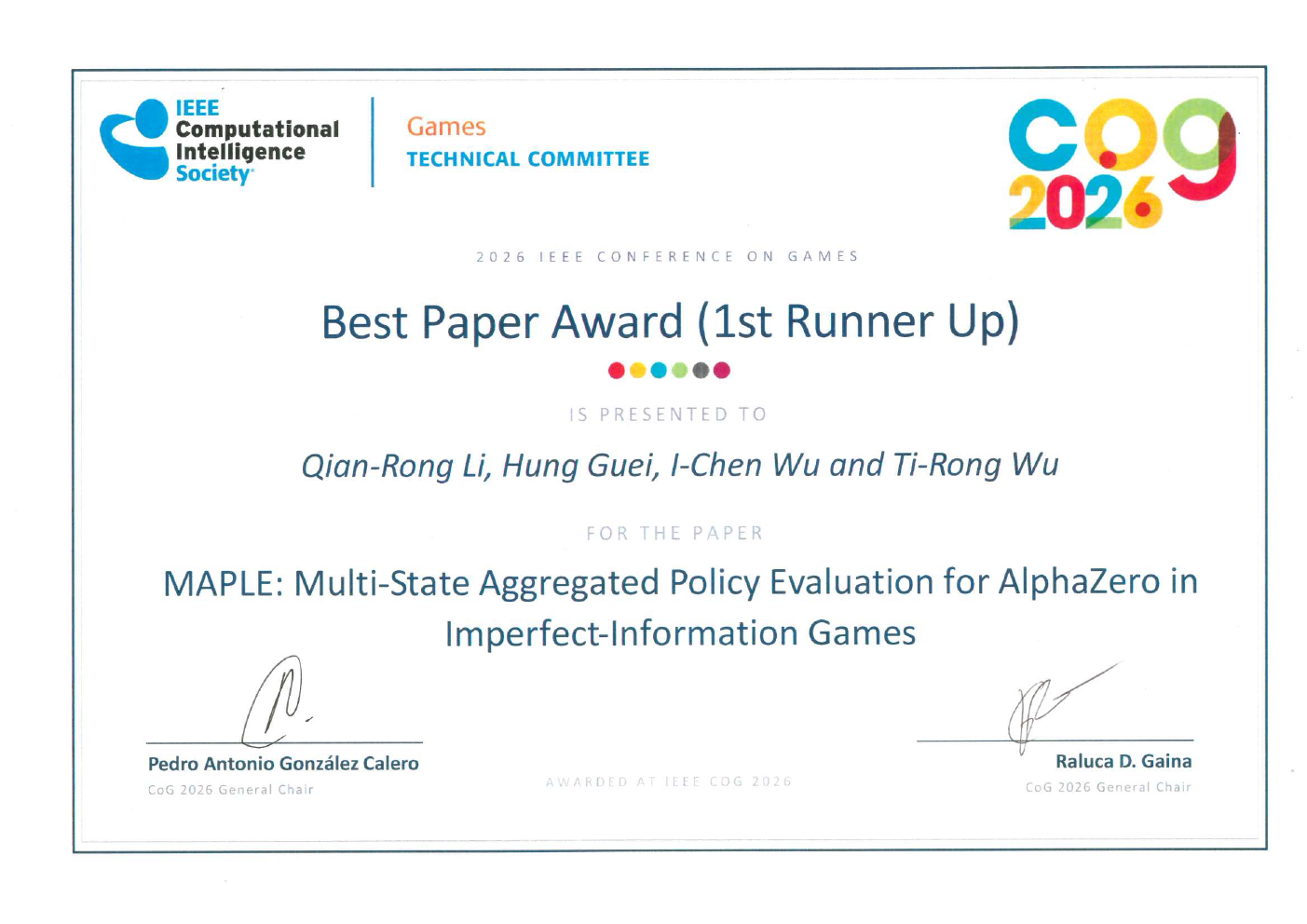 IEEE CoG 2026 Best Paper Award first runner-up certificate for MAPLE
